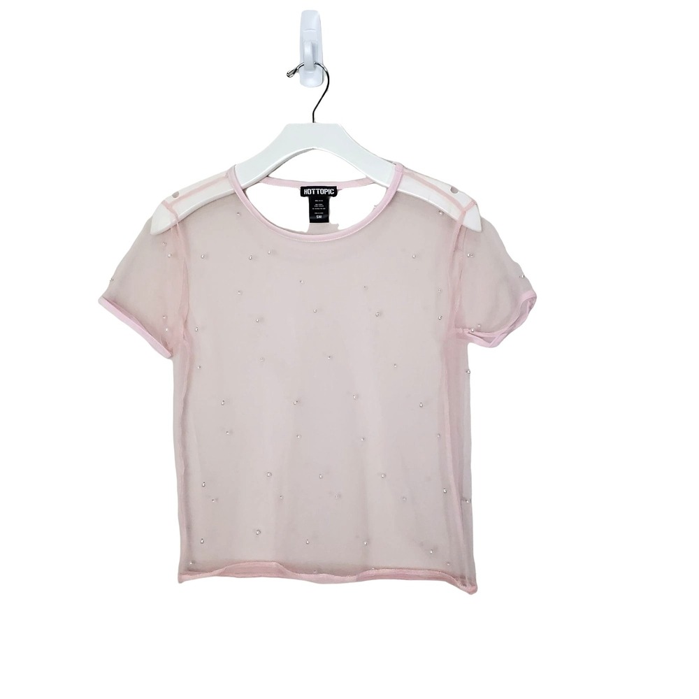 Hot Topic Womens Coquette Fairy Dainty Pearl Mesh Top S Pink Sheer Embellished
